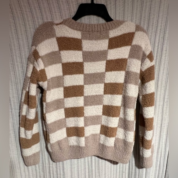 Pink Lily Checkered Brown, Beige and Cream Teddy Bear Sweater - Picture 4 of 4